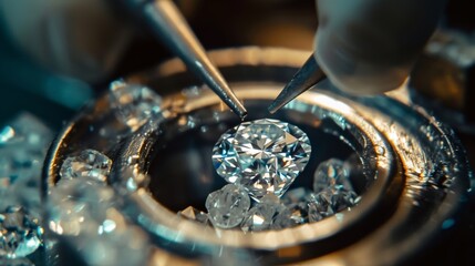A detailed macro shot of a beautiful diamond being set in a ring, highlighting the expertise and precision of the jewelry making process - obrazy, fototapety, plakaty