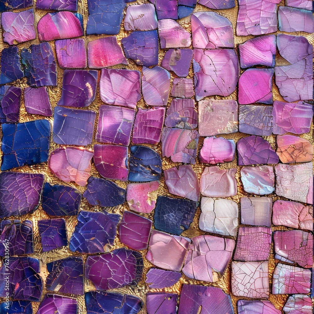 Poster detailed close-up of a colorful mosaic tile wall, showcasing intricate patterns and designs created 