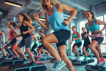 A group of people doing lunge squats on a step platform in the gym, dressed in sportswear and sweat pants, wearing sneakers