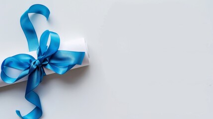 A diploma meticulously tied with a serene blue ribbon, positioned against a stark white background to emphasize its significance