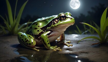 A Frog With Its Skin Shimmering In The Moonlight Upscaled 3 - obrazy, fototapety, plakaty