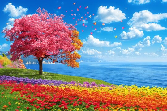 A vibrant painting capturing a majestic tree standing tall in a colorful field of blossoming flowers, creating a tranquil and enchanting scene