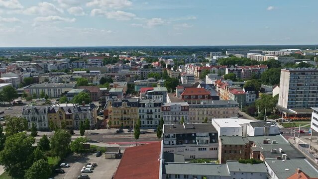 Aerial drone view of Cottbus city, or Ch&oacute;śebuz, Germany, on a sunny day.