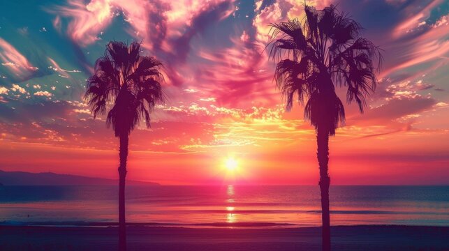 Summer sunset beach. Palm tree silhouette. Los Angeles, California, Hollywood