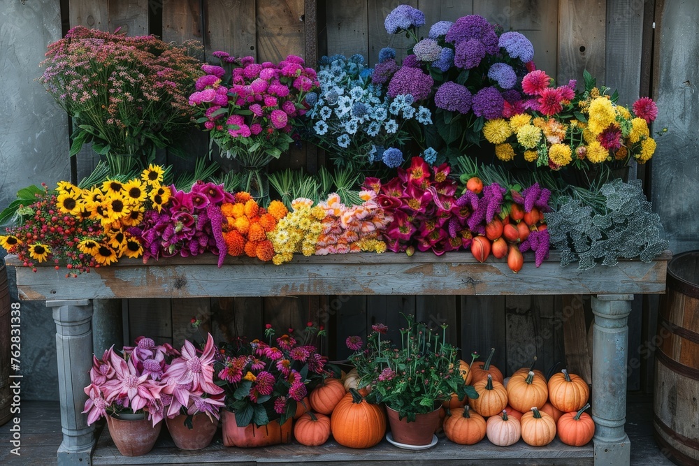 Poster a variety of colorful and fragrant flowers scattered across a wooden table, creating a vibrant and e