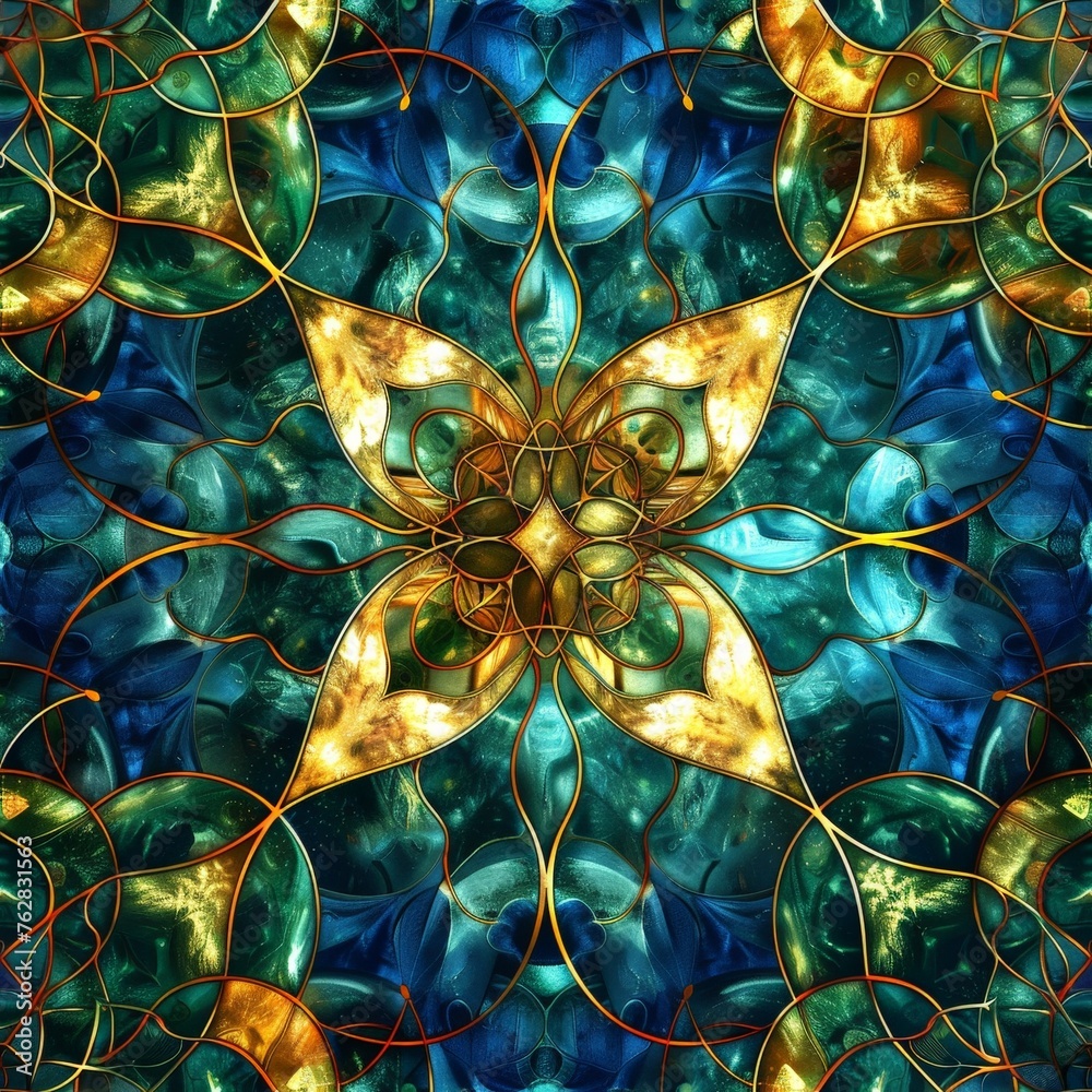 Poster A stained glass window depicting a mesmerizing flower design with intricate patterns and vibrant colors