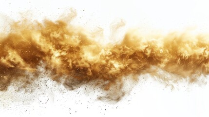Obraz premium The yellow dry earth explodes on a white background, and the white background dust band explodes