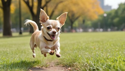 A Chihuahua Running Happily In The Park Upscaled