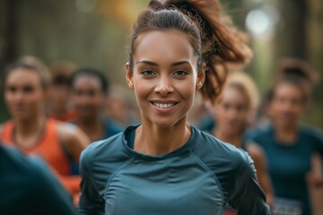 Woman and other people running running marathon in the park, healthy lifestyle