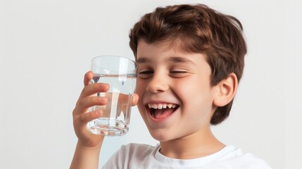 happy child boy drinking a glass of water with minimalist background