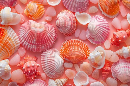 A mesmerizing display of a variety of seashells, each uniquely shaped and colored, arranged on a soft pink background