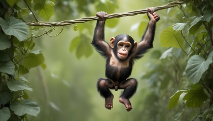 A Playful Baby Chimpanzee Swinging From Vine To VI Upscaled 27 - obrazy, fototapety, plakaty