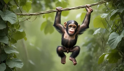 Foto op Plexiglas A Playful Baby Chimpanzee Swinging From Vine To VI Upscaled 27 © Samia