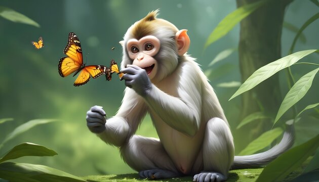 A Monkey Playing With A Butterfly Upscaled 3