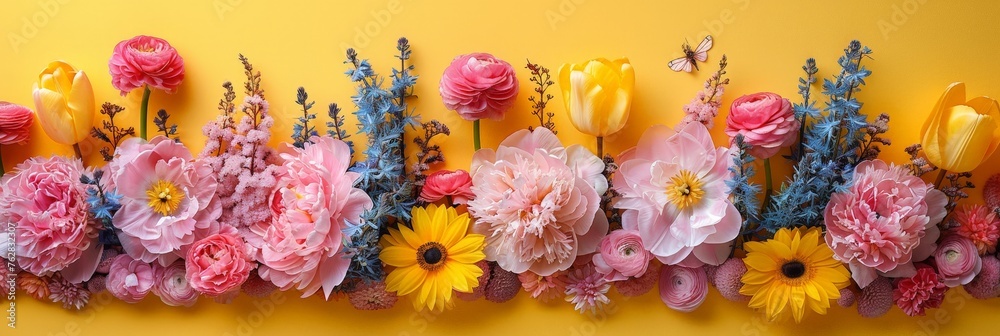 Poster A cluster of vibrant flowers adorns a wall, their petals seemingly floating in mid-air, creating a whimsical and enchanting scene