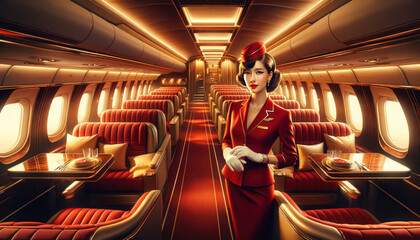 luxurious version of a retro airplane cabin, with a flight attendant in an elegant red uniform. - obrazy, fototapety, plakaty