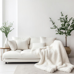 Scandinavian, hygge interior design of modern living room, home. White sofa with fur plaid against blank wall with copy space.