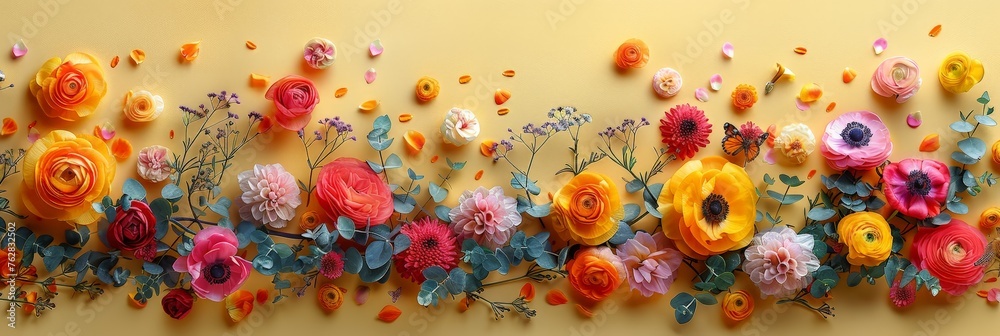 Poster multicolored flowers arranged in a bunch are blooming vibrantly against a plain wall, creating a stu