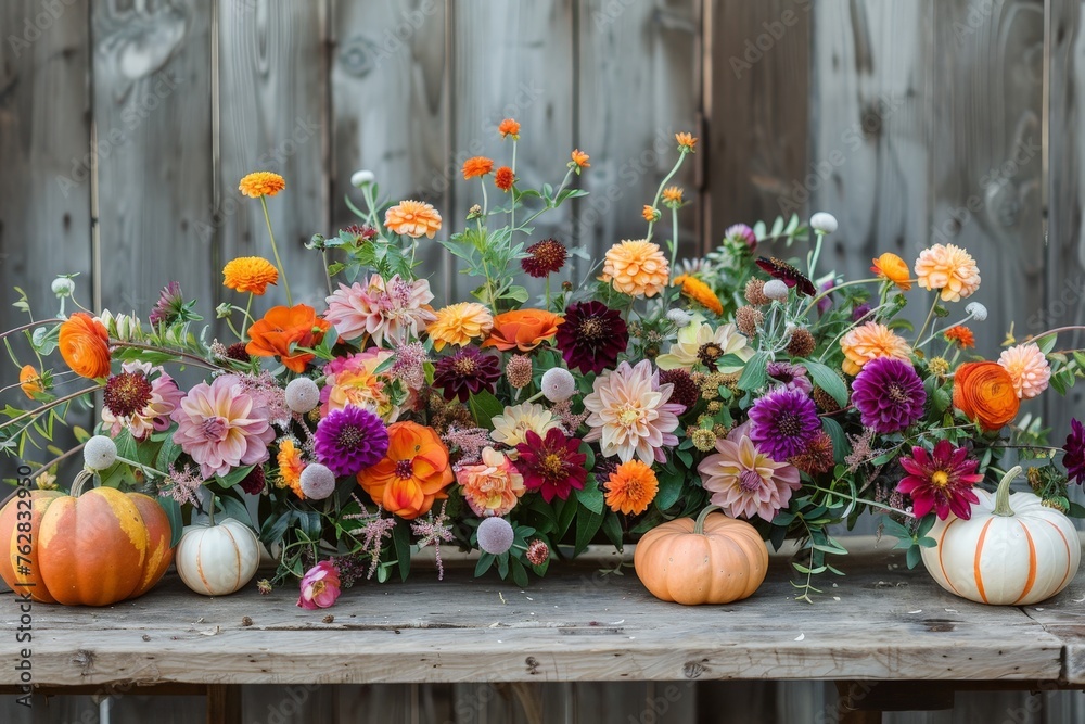 Poster a wooden table adorned with an abundance of colorful flowers and pumpkins, creating a vibrant and fe