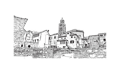 Print Building view with landmark of Split is the largest city in Croatia. Hand drawn sketch illustration in vector.