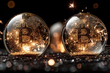 Two shiny golden bitcoins gleaming on the tabletop in a warm and inviting light - obrazy, fototapety, plakaty