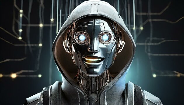 Illustration of an Artificial Intelligence represented in humanoid form that lost control and became very dangerous or was used by malicious human beings to commit evil.	