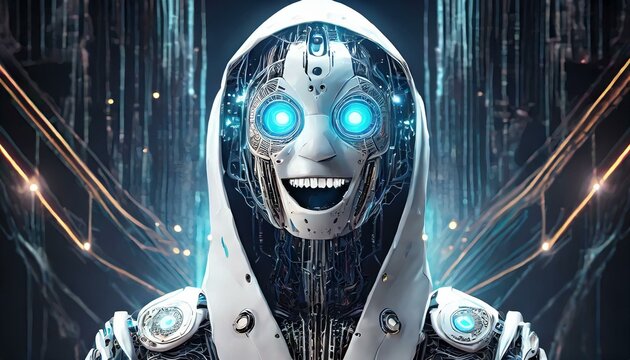 Illustration of an Artificial Intelligence represented in humanoid form that lost control and became very dangerous or was used by malicious human beings to commit evil.	