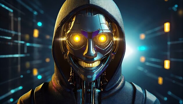 Illustration of an Artificial Intelligence represented in humanoid form that lost control and became very dangerous or was used by malicious human beings to commit evil.	