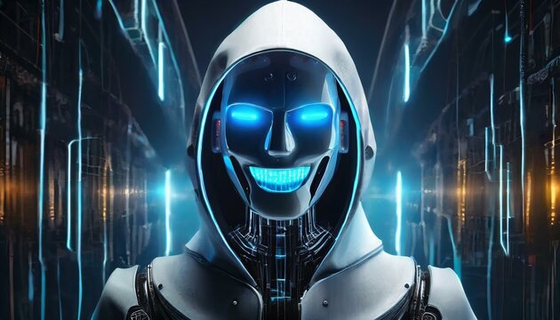 Illustration of an Artificial Intelligence represented in humanoid form that lost control and became very dangerous or was used by malicious human beings to commit evil.	