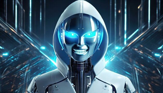Illustration of an Artificial Intelligence represented in humanoid form that lost control and became very dangerous or was used by malicious human beings to commit evil.	
