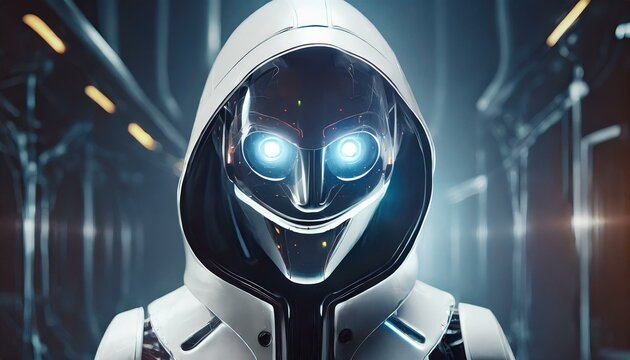 Illustration of an Artificial Intelligence represented in humanoid form that lost control and became very dangerous or was used by malicious human beings to commit evil.	