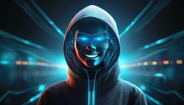 Illustration of an Artificial Intelligence represented in humanoid form that lost control and became very dangerous or was used by malicious human beings to commit evil.	