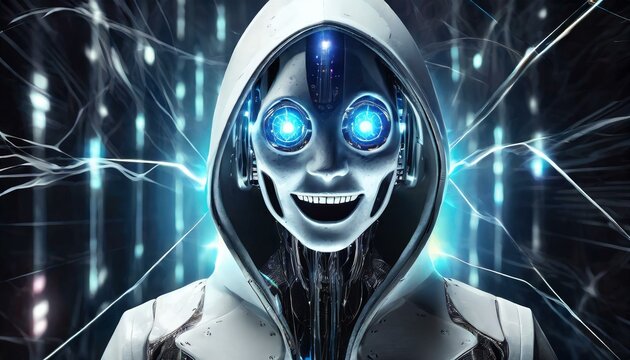 Illustration of an Artificial Intelligence represented in humanoid form that lost control and became very dangerous or was used by malicious human beings to commit evil.	