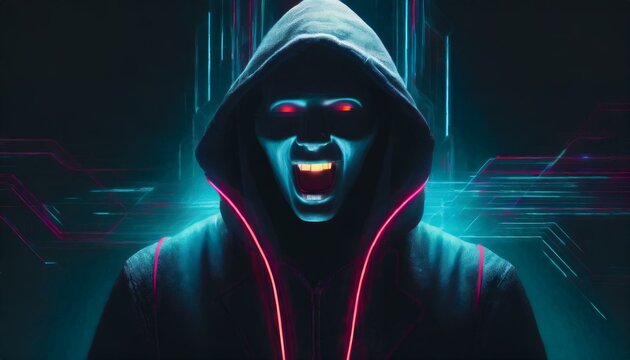 Illustration of an Artificial Intelligence represented in humanoid form that lost control and became very dangerous or was used by malicious human beings to commit evil.	