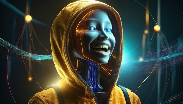Illustration of an Artificial Intelligence represented in humanoid form that lost control and became very dangerous or was used by malicious human beings to commit evil.	