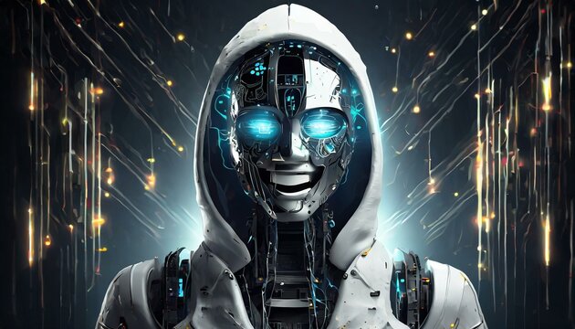 Illustration of an Artificial Intelligence represented in humanoid form that lost control and became very dangerous or was used by malicious human beings to commit evil.	