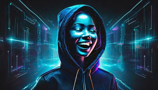 Illustration of an Artificial Intelligence represented in humanoid form that lost control and became very dangerous or was used by malicious human beings to commit evil.	