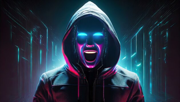 Illustration of an Artificial Intelligence represented in humanoid form that lost control and became very dangerous or was used by malicious human beings to commit evil.	