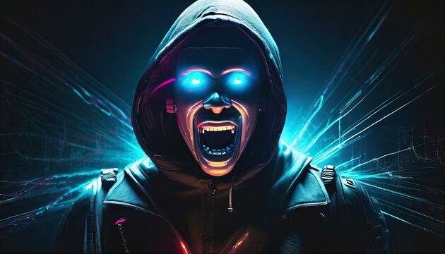 Illustration of an Artificial Intelligence represented in humanoid form that lost control and became very dangerous or was used by malicious human beings to commit evil.	