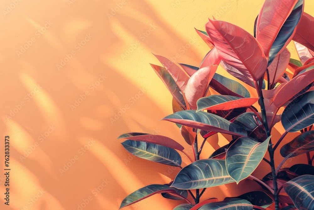 Poster A detailed view of a plant with vibrant red leaves, showcasing its intricate patterns and rich color under the sunlight