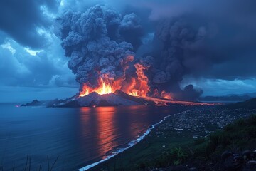 A massive plume of smoke billows into the sky, rising from the fiery mouth of a volcano, painting the atmosphere with ash and ominous beauty