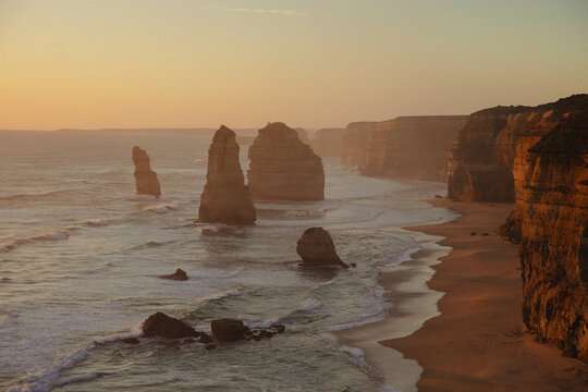 sunset at twelve aposteles rocks on the coast of australia