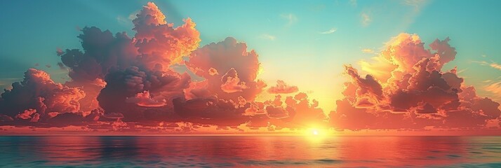 A mesmerizing sunset paints the sky and ocean with a blend of warm hues, as fluffy clouds drift gently across the horizon, banner