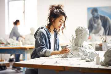 Young Asian female artist concentrates on sculpting, molding a sculpture from clay in art class in sunlit studio. Other students work together on a art workshop background. Concept skill of handcraft