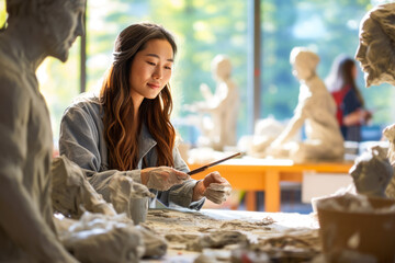 An aspiring Young Asian female sculptor shapes clay into art in art class. Students in a vibrant studio on a art workshop background. Concept of teaching applied art, sculpture. Copy space - obrazy, fototapety, plakaty