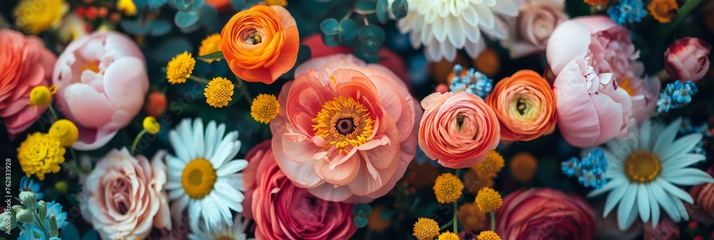 Poster lush and vibrant flowers in various colors and shapes, elegantly arranged and displayed on a wall