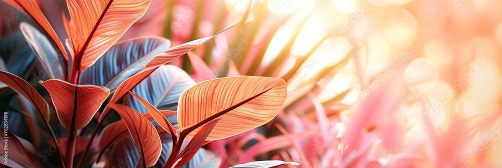 Poster a detailed view of a plant with striking crimson and azure leaves, showcasing their vivid colors and