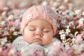 A peaceful scene unfolds as a baby peacefully slumbers in a vibrant field of colorful flowers,...