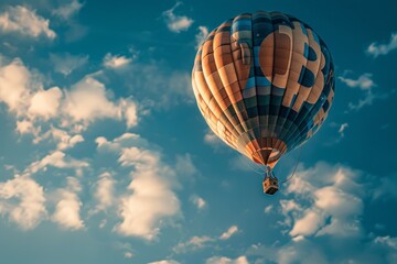 Fototapeta premium A vibrant hot air balloon bitcoin soars gracefully through a cloudy blue sky, adding a touch of whimsy and wonder to the serene scenery below