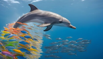 A Dolphin Swimming With A Colorful School Of Fish Upscaled